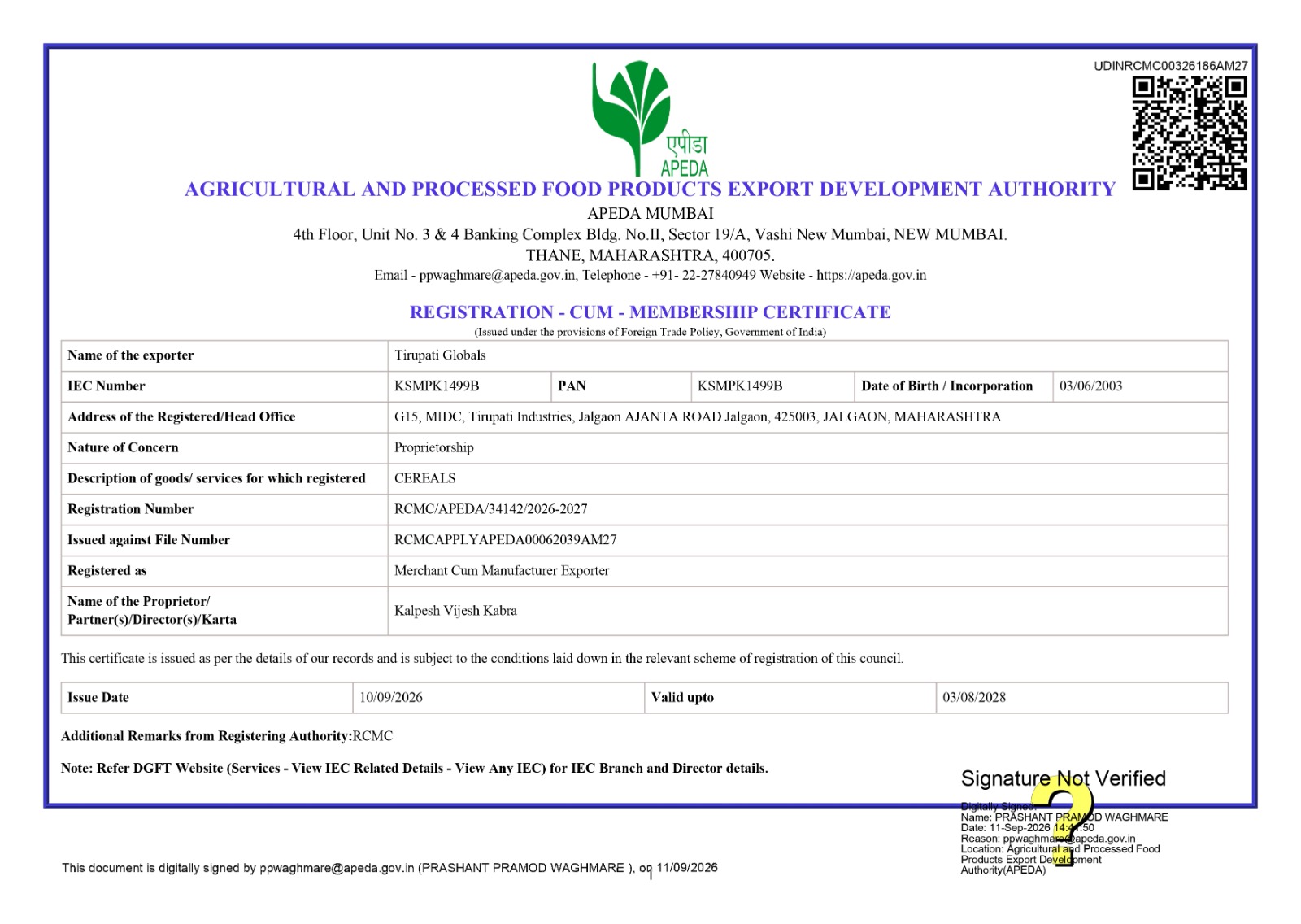 APEDA Certificate